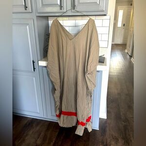 Tan V-Neck Dress with Red Accents